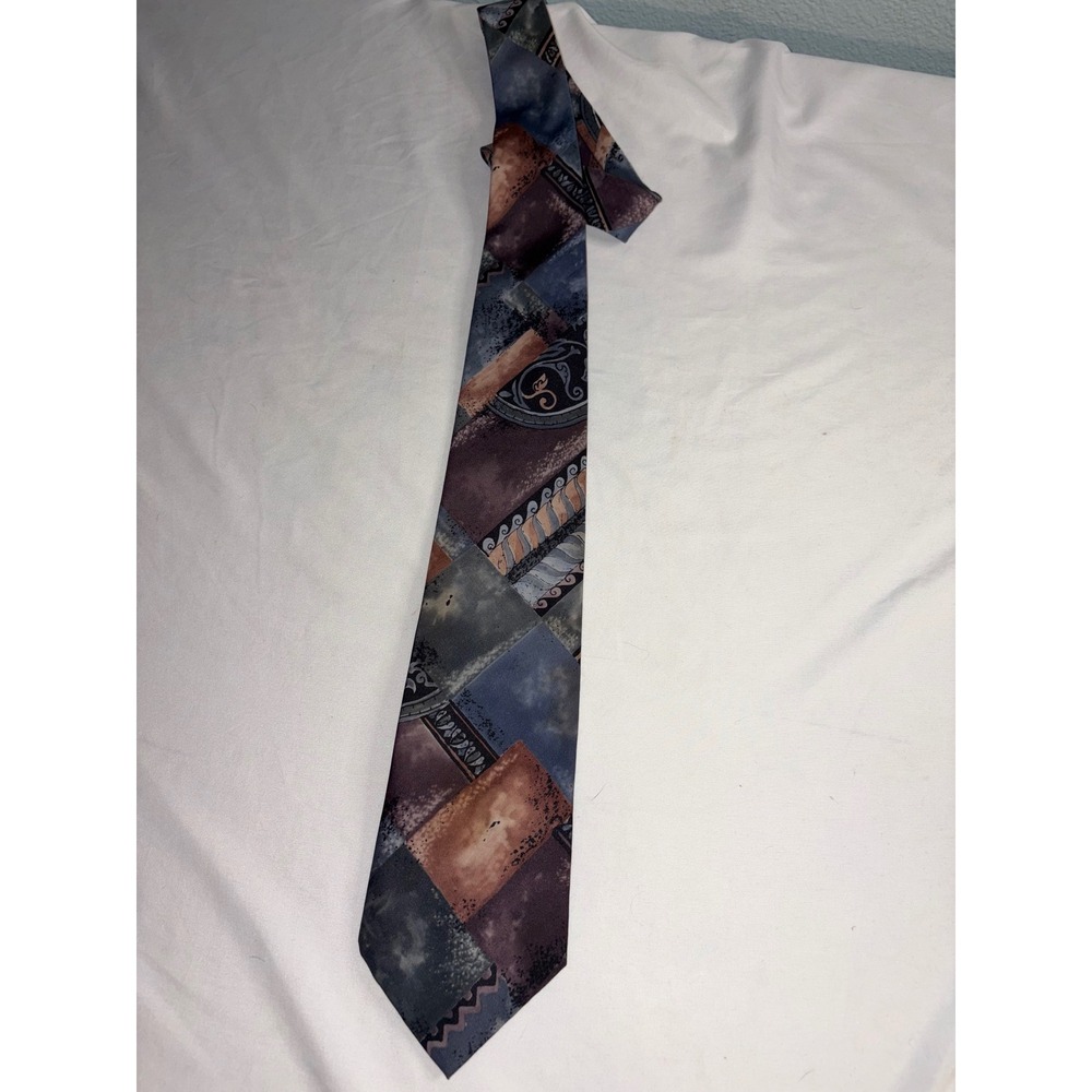 Vintage Italian Silk Styled Mens Tie Abstract Geometric Blue Purple USA Made